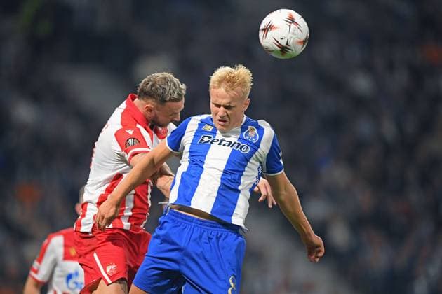 2nd October 2025; Dragao Stadium, Porto, Portugal: UEFA Europa League 2025 2026, FC Porto versus Red Star Belgrade; Victor Froholdt of FC Porto challenges Marko Arnautovic of Red Star Belgrade  DanielxCastro