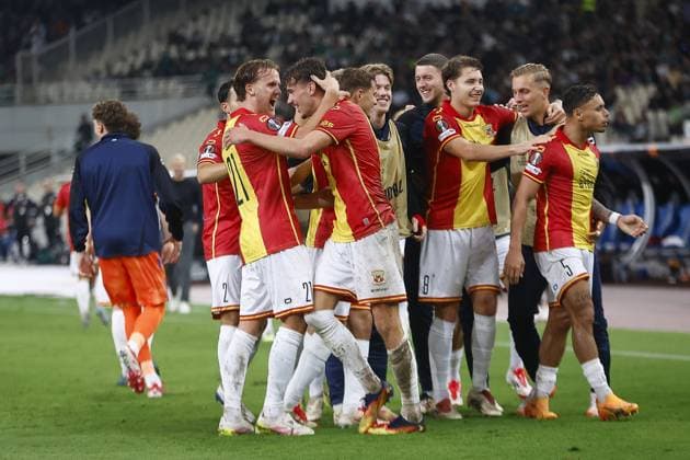 ATHENS , 02-10-2025 , Olympic Athletic Center of Athens Spyros Louis , season 2025 2026 , UEFA Europa League League phase . match between Panathinaikos and Go Ahead Eagles, final result 1-2. Picture shows goal celebration by GA Eagles player Milan Smit Panathinaikos - Go Ahead Eagles  x31328753x Copyright: