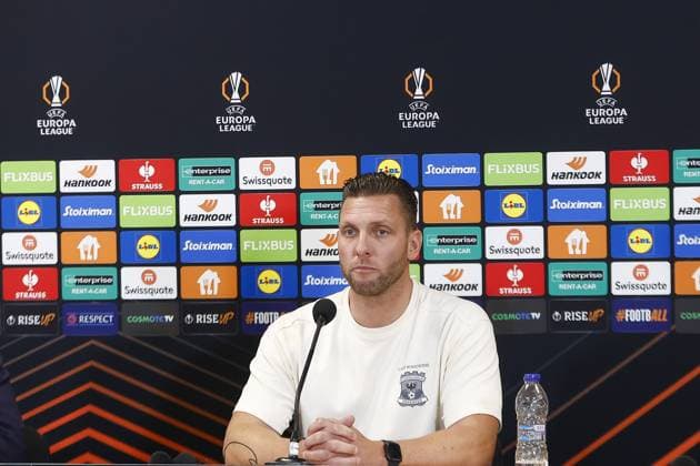 ATHENS , 02-10-2025 , Olympic Athletic Center of Athens Spyros Louis , season 2025 2026 , UEFA Europa League League phase . match between Panathinaikos and Go Ahead Eagles, final result 1-2. Picture shows GA Eagles trainer coach Melvin Boel at press conference, PK, Pressekonferenz Panathinaikos - Go Ahead Eagles  x31328754x Copyright: