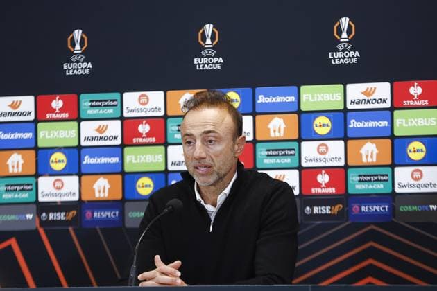 ATHENS , 02-10-2025 , Olympic Athletic Center of Athens Spyros Louis , season 2025 2026 , UEFA Europa League League phase . match between Panathinaikos and Go Ahead Eagles, final result 1-2. Picture shows Panathinaikos trainer coach Rui Carlos Pinho Da Vitoria at press conference, PK, Pressekonferenz Panathinaikos - Go Ahead Eagles  x31328758x Copyright: