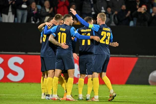 Celje, Slovenia, October 02nd 2025, Celje celebration score during the UEFA Conference League, League phase Matchday 1, between Celje (Slovenia) and AEK Athens (Greece) at Stadion Celje, Celje, Slovenia. (Photo by Igor Kupljenik Sports Press Photo) Copyright: xIgorxKupljenikx xSPPx Sportspressphoto_SPR36802