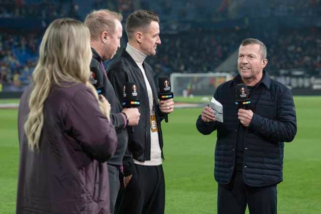 From left to right RTL reporter Laura Papendick, coach Ludovic Magnin, FCB, sports director Christian Gentner, VfB, Lothar Matthäus, FC Basel VfB Stuttgart, Europa League, football, 02 10 2025