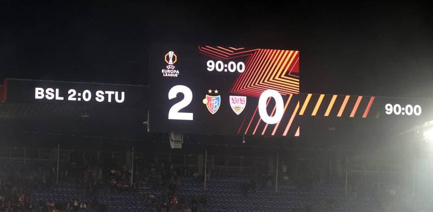 02 10 25 FC Basel VfB Stuttgart Switzerland, Basel, 02 10 2025, Football, UEFA Europa League, FC Basel VfB Stuttgart Scoreboard Result