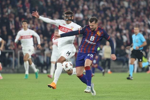 FC Basel VfB Stuttgart Luca Jaquez vs Albian Ajeti 02 10 2025 St Jakob Park Basel, SWITZERLAND, Season 2025 2026 Men Soccer Europa League FC Basel VfB Stuttgart Luca Jaquez li,VfB Stuttgart vs Albian Ajeti FC Basel