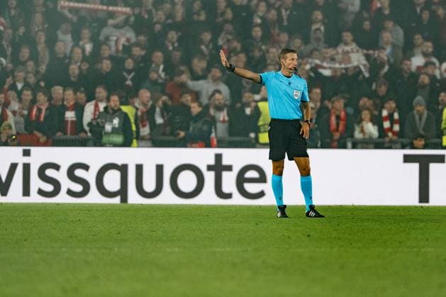Switzerland UEFA Europa League 2025 26, FC Basel 1893 vs VfB Stuttgart St Jakob Park, Basel Davide Massa awaits examination by VAR Copyright: xKjetilxWaberx