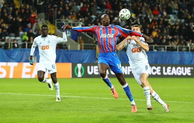 Jean-Philippe Mateta of Crystal Palace and Oleksandr Yatsyk of Dynamo Kyiv Dynamo Kyiv v Crystal Palace, UEFA Conference League, Group Stage, Football, Lublin Arena, Lublin, Poland - 02 Oct 2025Lublin Lublin Arena Poland EDITORIAL USE ONLY No use with unauthorised audio, video, data, fixture lists, club league logos or live services. Online in-match use limited to 120 images, no video emulation. No use in betting, games or single club league player publications. Copyright: xMichaelxZemanek Shutterstockx 15504054bn