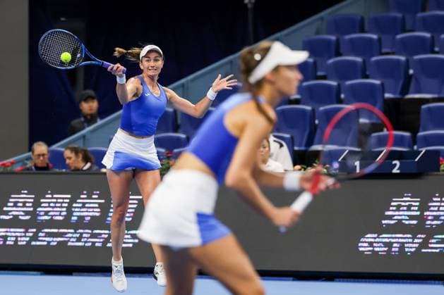 BEIJING, CHINA - OCTOBER 03: Tereza Mihalikova of Slovakia and Olivia Nicholls of Great Britain compete in the Women s Doubles Quarterfinal match against Hsieh Su-wei of Chinese Taipei and Jelena Ostapenko of Latvia on day 12 of the 2025 China Open at the National Tennis Center on October 3, 2025 in Beijing, China.  Copyright: xVCGx 111594807564