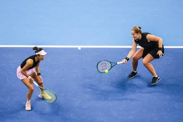 BEIJING, CHINA - OCTOBER 03: Hsieh Su-wei of Chinese Taipei and Jelena Ostapenko of Latvia compete in the Women s Doubles Quarterfinal match against Tereza Mihalikova of Slovakia and Olivia Nicholls of Great Britain on day 12 of the 2025 China Open at the National Tennis Center on October 3, 2025 in Beijing, China.  Copyright: xVCGx 111594807294