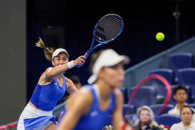 BEIJING, CHINA - OCTOBER 03: Tereza Mihalikova of Slovakia and Olivia Nicholls of Great Britain compete in the Women s Doubles Quarterfinal match against Hsieh Su-wei of Chinese Taipei and Jelena Ostapenko of Latvia on day 12 of the 2025 China Open at the National Tennis Center on October 3, 2025 in Beijing, China.  Copyright: xVCGx 111594807612