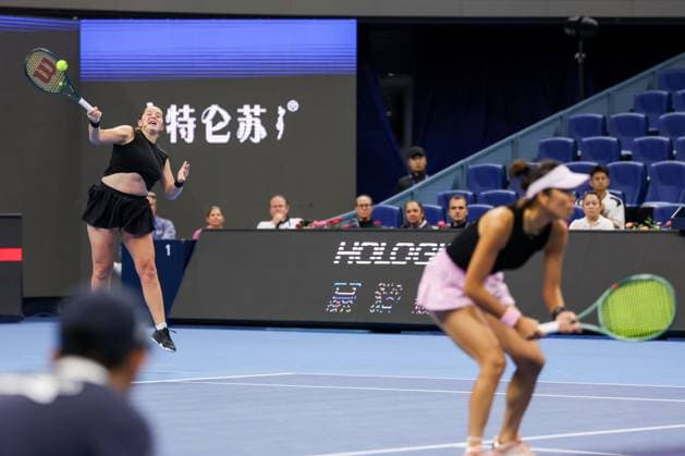 BEIJING, CHINA - OCTOBER 03: Hsieh Su-wei of Chinese Taipei and Jelena Ostapenko of Latvia compete in the Women s Doubles Quarterfinal match against Tereza Mihalikova of Slovakia and Olivia Nicholls of Great Britain on day 12 of the 2025 China Open at the National Tennis Center on October 3, 2025 in Beijing, China.  Copyright: xVCGx 111594807633
