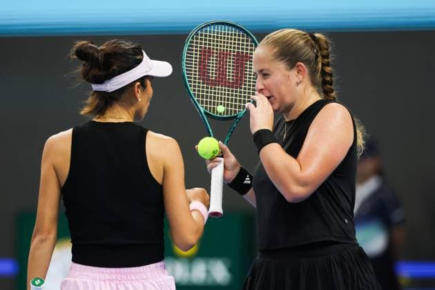 BEIJING, CHINA - OCTOBER 03: Hsieh Su-wei of Chinese Taipei and Jelena Ostapenko of Latvia react in the Women s Doubles Quarterfinal match against Tereza Mihalikova of Slovakia and Olivia Nicholls of Great Britain on day 12 of the 2025 China Open at the National Tennis Center on October 3, 2025 in Beijing, China.  Copyright: xVCGx 111594808604