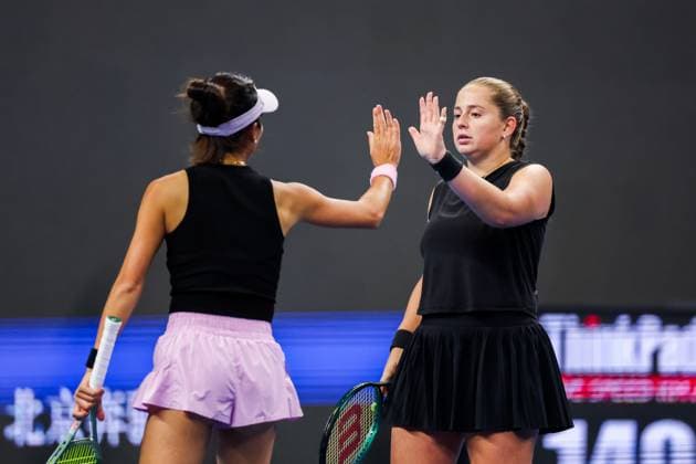 BEIJING, CHINA - OCTOBER 03: Hsieh Su-wei of Chinese Taipei and Jelena Ostapenko of Latvia react in the Women s Doubles Quarterfinal match against Tereza Mihalikova of Slovakia and Olivia Nicholls of Great Britain on day 12 of the 2025 China Open at the National Tennis Center on October 3, 2025 in Beijing, China.  Copyright: xVCGx 111594804548