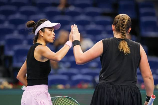 BEIJING, CHINA - OCTOBER 03: Hsieh Su-wei of Chinese Taipei and Jelena Ostapenko of Latvia react in the Women s Doubles Quarterfinal match against Tereza Mihalikova of Slovakia and Olivia Nicholls of Great Britain on day 12 of the 2025 China Open at the National Tennis Center on October 3, 2025 in Beijing, China.  Copyright: xVCGx 111594805279