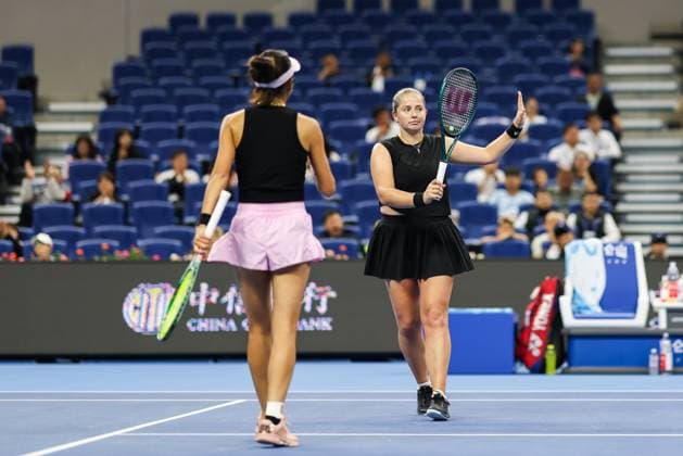 BEIJING, CHINA - OCTOBER 03: Hsieh Su-wei of Chinese Taipei and Jelena Ostapenko of Latvia react in the Women s Doubles Quarterfinal match against Tereza Mihalikova of Slovakia and Olivia Nicholls of Great Britain on day 12 of the 2025 China Open at the National Tennis Center on October 3, 2025 in Beijing, China.  Copyright: xVCGx 111594809739