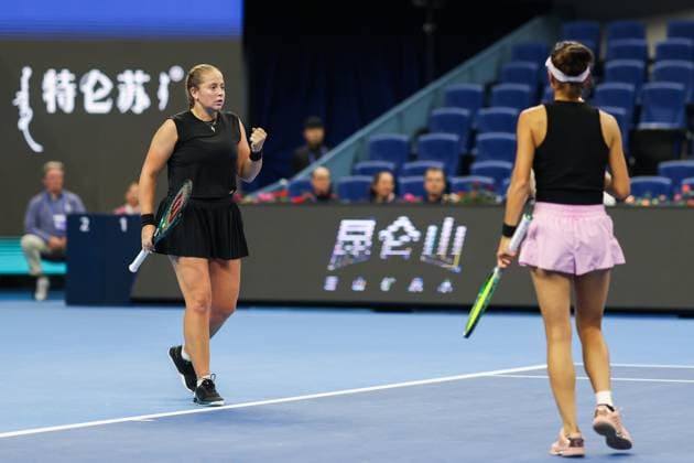 BEIJING, CHINA - OCTOBER 03: Hsieh Su-wei of Chinese Taipei and Jelena Ostapenko of Latvia react in the Women s Doubles Quarterfinal match against Tereza Mihalikova of Slovakia and Olivia Nicholls of Great Britain on day 12 of the 2025 China Open at the National Tennis Center on October 3, 2025 in Beijing, China.  Copyright: xVCGx 111594809756