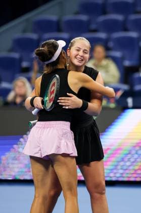 BEIJING, CHINA - OCTOBER 03: Hsieh Su-wei of Chinese Taipei and Jelena Ostapenko of Latvia react in the Women s Doubles Quarterfinal match against Tereza Mihalikova of Slovakia and Olivia Nicholls of Great Britain on day 12 of the 2025 China Open at the National Tennis Center on October 3, 2025 in Beijing, China.  Copyright: xVCGx 111594809862
