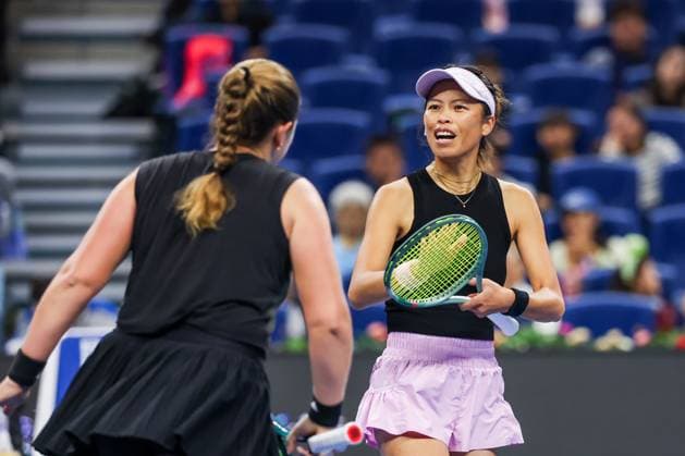 BEIJING, CHINA - OCTOBER 03: Hsieh Su-wei of Chinese Taipei and Jelena Ostapenko of Latvia react in the Women s Doubles Quarterfinal match against Tereza Mihalikova of Slovakia and Olivia Nicholls of Great Britain on day 12 of the 2025 China Open at the National Tennis Center on October 3, 2025 in Beijing, China.  Copyright: xVCGx 111594805270