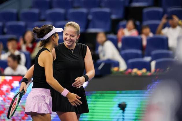 BEIJING, CHINA - OCTOBER 03: Hsieh Su-wei of Chinese Taipei and Jelena Ostapenko of Latvia react in the Women s Doubles Quarterfinal match against Tereza Mihalikova of Slovakia and Olivia Nicholls of Great Britain on day 12 of the 2025 China Open at the National Tennis Center on October 3, 2025 in Beijing, China.  Copyright: xVCGx 111594809912