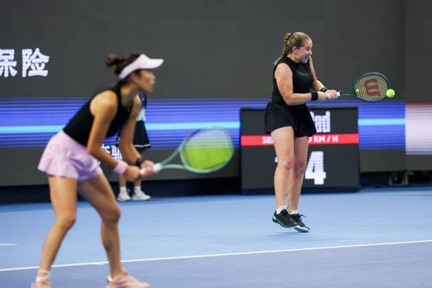 BEIJING, CHINA - OCTOBER 03: Hsieh Su-wei of Chinese Taipei and Jelena Ostapenko of Latvia compete in the Women s Doubles Quarterfinal match against Tereza Mihalikova of Slovakia and Olivia Nicholls of Great Britain on day 12 of the 2025 China Open at the National Tennis Center on October 3, 2025 in Beijing, China.  Copyright: xVCGx 111594809919