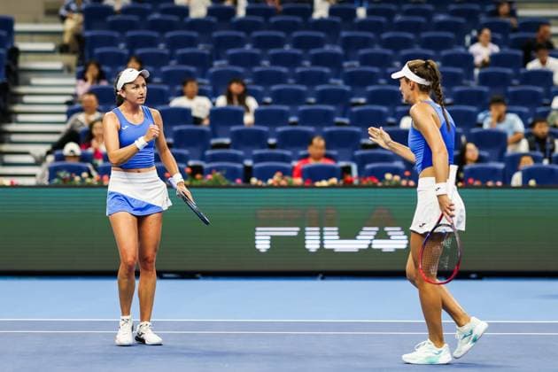 BEIJING, CHINA - OCTOBER 03: Tereza Mihalikova of Slovakia and Olivia Nicholls of Great Britain react in the Women s Doubles Quarterfinal match against Hsieh Su-wei of Chinese Taipei and Jelena Ostapenko of Latvia on day 12 of the 2025 China Open at the National Tennis Center on October 3, 2025 in Beijing, China.  Copyright: xVCGx 111594804789