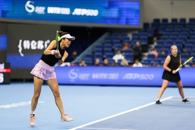 BEIJING, CHINA - OCTOBER 03: Hsieh Su-wei of Chinese Taipei and Jelena Ostapenko of Latvia compete in the Women s Doubles Quarterfinal match against Tereza Mihalikova of Slovakia and Olivia Nicholls of Great Britain on day 12 of the 2025 China Open at the National Tennis Center on October 3, 2025 in Beijing, China.  Copyright: xVCGx 111594804842