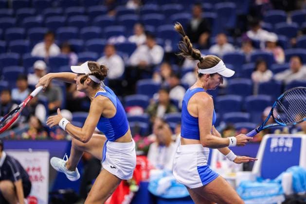 BEIJING, CHINA - OCTOBER 03: Tereza Mihalikova of Slovakia and Olivia Nicholls of Great Britain compete in the Women s Doubles Quarterfinal match against Hsieh Su-wei of Chinese Taipei and Jelena Ostapenko of Latvia on day 12 of the 2025 China Open at the National Tennis Center on October 3, 2025 in Beijing, China.  Copyright: xVCGx 111594811550