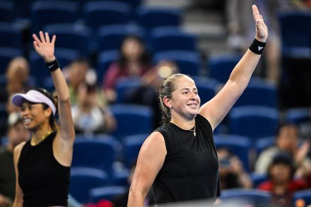 BEIJING, CHINA - OCTOBER 03: Hsieh Su-wei of Chinese Taipei and Jelena Ostapenko of Latvia compete in the Women s Doubles Quarterfinal match against Tereza Mihalikova of Slovakia and Olivia Nicholls of Great Britain on day 12 of the 2025 China Open at the National Tennis Center on October 3, 2025 in Beijing, China.  Copyright: xVCGx 111594811941