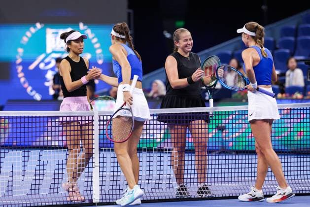 BEIJING, CHINA - OCTOBER 03: Tereza Mihalikova of Slovakia and Olivia Nicholls of Great Britain, Hsieh Su-wei of Chinese Taipei and Jelena Ostapenko of Latvia in action in the Women s Doubles Quarterfinal match on day 12 of the 2025 China Open at the National Tennis Center on October 3, 2025 in Beijing, China.  Copyright: xVCGx 111594811538