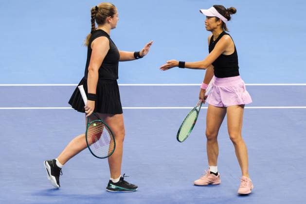 BEIJING, CHINA - OCTOBER 03: Hsieh Su-wei of Chinese Taipei and Jelena Ostapenko of Latvia compete in the Women s Doubles Quarterfinal match against Tereza Mihalikova of Slovakia and Olivia Nicholls of Great Britain on day 12 of the 2025 China Open at the National Tennis Center on October 3, 2025 in Beijing, China.  Copyright: xVCGx 111594810962