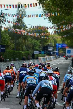 The pack of riders pictured in action during the 85,7 km Women U23 Road Race at the UEC road European cycling championships, France on Friday 03 October 2025. The European cycling championships Drome-Ardeche takes place from 1 to 5 October, France. DAVIDxPINTENS  x135962903x