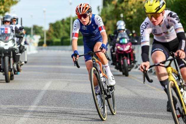 France Solene Muller pictured in action during the 85,7 km Women U23 Road Race at the UEC road European cycling championships, France on Friday 03 October 2025. The European cycling championships Drome-Ardeche takes place from 1 to 5 October, France. DAVIDxPINTENS  x135962922x