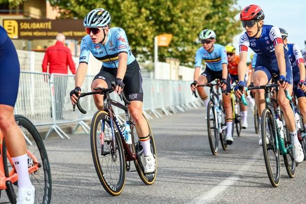 Belgium Tess Moerman pictured in action during the 85,7 km Women U23 Road Race at the UEC road European cycling championships, France on Friday 03 October 2025. The European cycling championships Drome-Ardeche takes place from 1 to 5 October, France. DAVIDxPINTENS  x135963097x