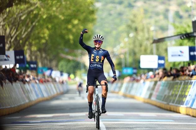 Spain Paula Blasi Cairol celebrates after winning on the finish line of the 85,7 km Women U23 Road Race at the UEC road European cycling championships, France on Friday 03 October 2025. The European cycling championships Drome-Ardeche takes place from 1 to 5 October, France. DAVIDxPINTENS  x135966332x