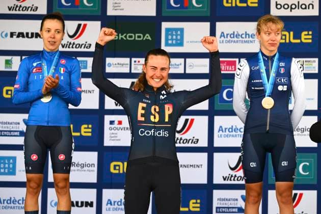 UEC 2025 Road European Championship, EM, Europameisterschaft Drome-Ardeche 03 10 2025 GUILHERAND-GRANGES, FRANCE - OCTOBER 03 : Ciabocco Eleonora (Italy), Blasi Cairol Paula (Spain) and Bego Julie (France) pictured during the podium ceremony of the Women U23 cycling road race of the 2025 UEC Road European Championship Drome-Ardeche 10th edition an UCI Continental Championships cycling race of 85.7 km with start in Guilherand-Granges and finish in Guilherand-Granges on October 3, 2025 in Guilherand-Granges, France, 03 10 2025 Guilherand-Granges France  Copyright: xVincentxKalutx