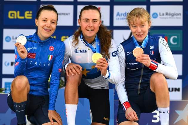Sport Bilder des Tages UEC 2025 Road European Championship, EM, Europameisterschaft Drome-Ardeche 03 10 2025 GUILHERAND-GRANGES, FRANCE - OCTOBER 03 : Ciabocco Eleonora (Italy), Blasi Cairol Paula (Spain) and Bego Julie (France) pictured during the podium ceremony of the Women U23 cycling road race of the 2025 UEC Road European Championship Drome-Ardeche 10th edition an UCI Continental Championships cycling race of 85.7 km with start in Guilherand-Granges and finish in Guilherand-Granges on October 3, 2025 in Guilherand-Granges, France, 03 10 2025 Guilherand-Granges France  Copyright: xVincentxKalutx