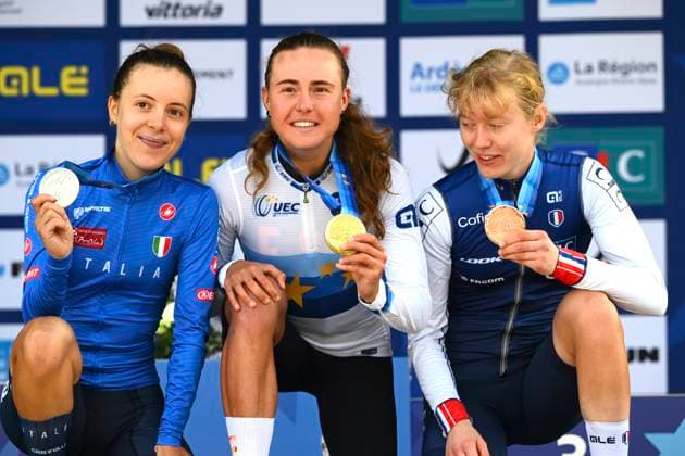 UEC 2025 Road European Championship, EM, Europameisterschaft Drome-Ardeche 03 10 2025 GUILHERAND-GRANGES, FRANCE - OCTOBER 03 : Ciabocco Eleonora (Italy), Blasi Cairol Paula (Spain) and Bego Julie (France) pictured during the podium ceremony of the Women U23 cycling road race of the 2025 UEC Road European Championship Drome-Ardeche 10th edition an UCI Continental Championships cycling race of 85.7 km with start in Guilherand-Granges and finish in Guilherand-Granges on October 3, 2025 in Guilherand-Granges, France, 03 10 2025 Guilherand-Granges France  Copyright: xVincentxKalutx