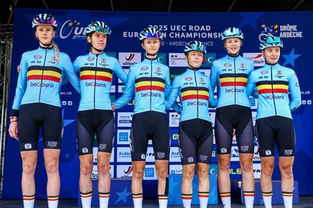Belgium Elise De Bruyn, Belgium Lova Dierick, Belgium Laura Five, Belgium Falke Kerkhof, Belgium Sanne Laurijssen and Belgium Lotte Van Ombergen pictured before the Women Junior Road Race at the UEC road European cycling championships, a 62,9 km track in Loriol-sur-Drome, France on Friday 03 October 2025. The European cycling championships Drome-Ardeche takes place from 1 to 5 October, France. DAVIDxPINTENS  x135968309x