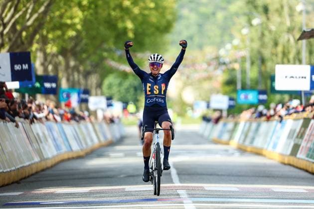 Spain Paula Blasi Cairol celebrates as she crosses the finish line to win the 85,7 km Women U23 Road Race at the UEC road European cycling championships, France on Friday 03 October 2025. The European cycling championships Drome-Ardeche takes place from 1 to 5 October, France. DAVIDxPINTENS  x135969030x