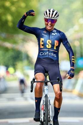 Spain Paula Blasi Cairol celebrates as she crosses the finish line to win the 85,7 km Women U23 Road Race at the UEC road European cycling championships, France on Friday 03 October 2025. The European cycling championships Drome-Ardeche takes place from 1 to 5 October, France. DAVIDxPINTENS  x135969033x