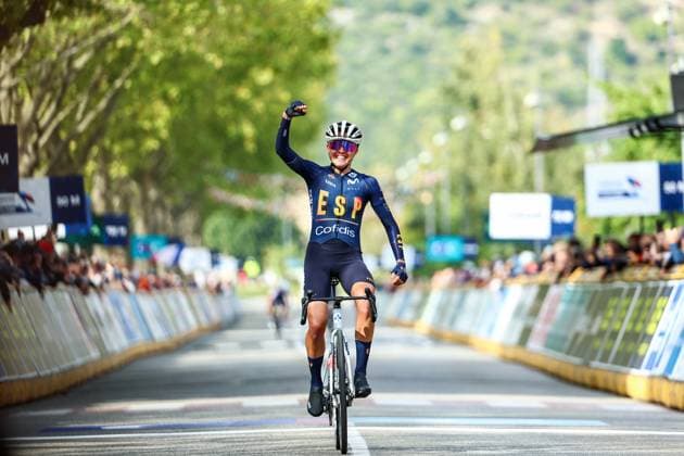 Spain Paula Blasi Cairol celebrates as she crosses the finish line to win the 85,7 km Women U23 Road Race at the UEC road European cycling championships, France on Friday 03 October 2025. The European cycling championships Drome-Ardeche takes place from 1 to 5 October, France. DAVIDxPINTENS  x135969034x