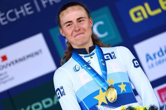 Winner European champion Spain Paula Blasi Cairol celebrates on the podium of the 85,7 km Women U23 Road Race at the UEC road European cycling championships, France on Friday 03 October 2025. The European cycling championships Drome-Ardeche takes place from 1 to 5 October, France. DAVIDxPINTENS  x135969040x