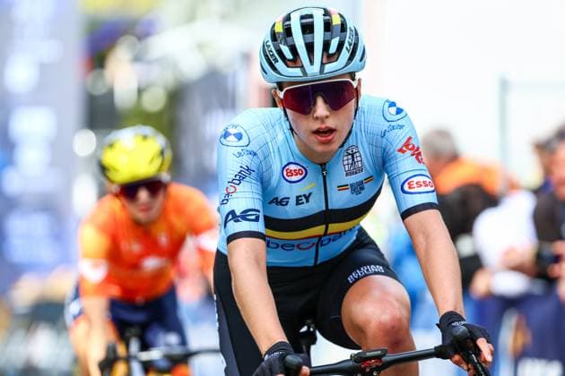 Belgium Emma Siegers crosses the finish line of the 85,7 km Women U23 Road Race at the UEC road European cycling championships, France on Friday 03 October 2025. The European cycling championships Drome-Ardeche takes place from 1 to 5 October, France. DAVIDxPINTENS  x135969075x