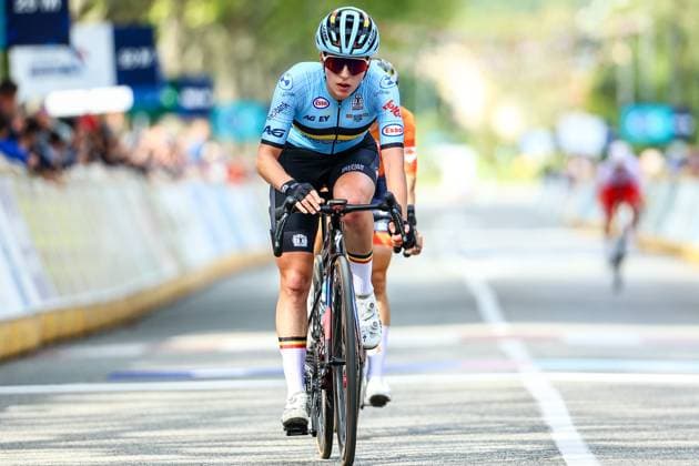 Belgium Emma Siegers crosses the finish line of the 85,7 km Women U23 Road Race at the UEC road European cycling championships, France on Friday 03 October 2025. The European cycling championships Drome-Ardeche takes place from 1 to 5 October, France. DAVIDxPINTENS  x135969079x