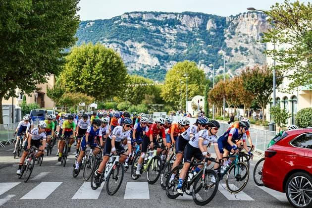 The pack of riders pictured in action during the Women Junior Road Race at the UEC road European cycling championships, a 62,9 km track in Loriol-sur-Drome, France on Friday 03 October 2025. The European cycling championships Drome-Ardeche takes place from 1 to 5 October, France. DAVIDxPINTENS  x135970755x
