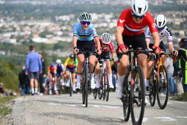 UEC 2025 Road European Championship, EM, Europameisterschaft Drome-Ardeche 03 10 2025 GUILHERAND-GRANGES, FRANCE - OCTOBER 03 : Five Laura (Belgium) during the Women Junior cycling road race of the 2025 UEC Road European Championship Drome-Ardeche 10th edition an UCI Continental Championships cycling race of 62.9 km with start in Guilherand-Granges and finish in Guilherand-Granges on October 3, 2025 in Guilherand-Granges, France, 03 10 2025 Guilherand-Granges France  Copyright: xVincentxKalutx