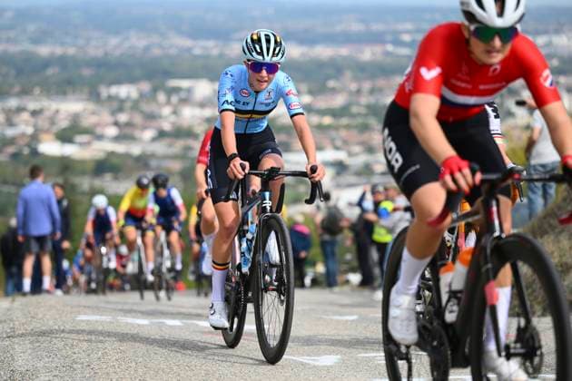 UEC 2025 Road European Championship, EM, Europameisterschaft Drome-Ardeche 03 10 2025 GUILHERAND-GRANGES, FRANCE - OCTOBER 03 : Five Laura (Belgium) during the Women Junior cycling road race of the 2025 UEC Road European Championship Drome-Ardeche 10th edition an UCI Continental Championships cycling race of 62.9 km with start in Guilherand-Granges and finish in Guilherand-Granges on October 3, 2025 in Guilherand-Granges, France, 03 10 2025 Guilherand-Granges France  Copyright: xVincentxKalutx