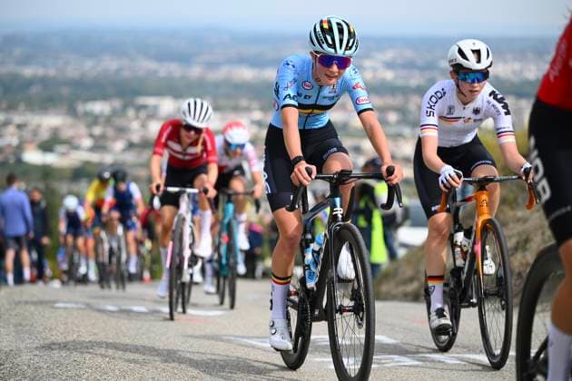 UEC 2025 Road European Championship, EM, Europameisterschaft Drome-Ardeche 03 10 2025 GUILHERAND-GRANGES, FRANCE - OCTOBER 03 : Five Laura (Belgium) during the Women Junior cycling road race of the 2025 UEC Road European Championship Drome-Ardeche 10th edition an UCI Continental Championships cycling race of 62.9 km with start in Guilherand-Granges and finish in Guilherand-Granges on October 3, 2025 in Guilherand-Granges, France, 03 10 2025 Guilherand-Granges France  Copyright: xVincentxKalutx