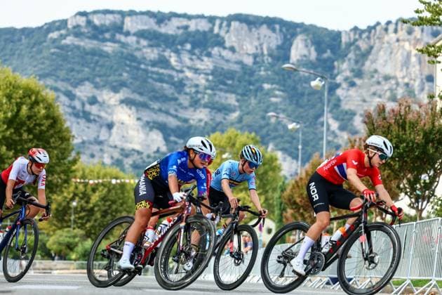 Belgium Falke Kerkhof pictured in action during the Women Junior Road Race at the UEC road European cycling championships, a 62,9 km track in Loriol-sur-Drome, France on Friday 03 October 2025. The European cycling championships Drome-Ardeche takes place from 1 to 5 October, France. DAVIDxPINTENS  x135972296x