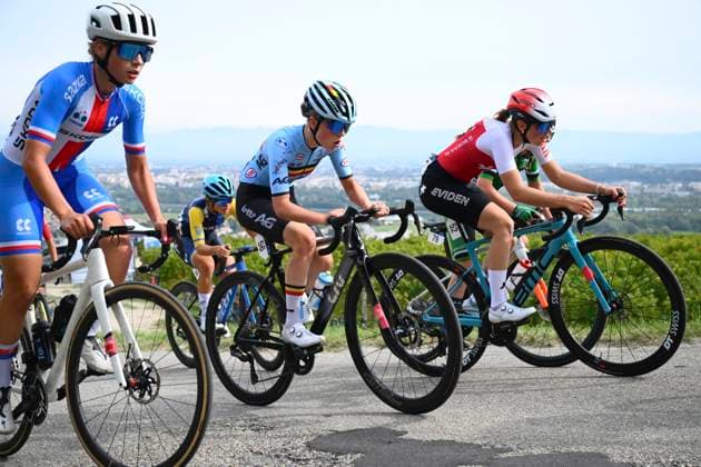 UEC 2025 Road European Championship, EM, Europameisterschaft Drome-Ardeche 03 10 2025 GUILHERAND-GRANGES, FRANCE - OCTOBER 03 : Kerkhof Falke (Belgium), Tschumi Chloe (Switzerland) during the Women Junior cycling road race of the 2025 UEC Road European Championship Drome-Ardeche 10th edition an UCI Continental Championships cycling race of 62.9 km with start in Guilherand-Granges and finish in Guilherand-Granges on October 3, 2025 in Guilherand-Granges, France, 03 10 2025 Guilherand-Granges France  Copyright: xVincentxKalutx
