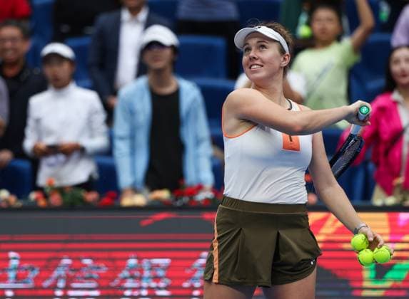 (251003) -- BEIJING, Oct. 3, 2025 -- Linda Noskova hits the ball into the stands after the women s singles quarterfinal match between Linda Noskova of the Czech Reoublic and Sonay Kartal of Britain at 2025 China Open tennis tournament in Beijing, China, Oct. 3, 2025. (Photo by Xinhua) (SP)CHINA-BEIJING-TENNIS-CHINA OPEN-WOMEN S SINGLES-QUARTERFINAL (CN) MaxZihan 